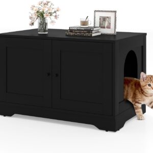 PETSITE Cat Litter Box Enclosure, Modern Hidden Litter Box Furniture with Double Doors, Side Entry, Cat House, Side End Table, 31.5 x 20 x 20 Inches (Black)