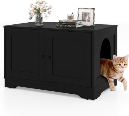 PETSITE Cat Litter Box Enclosure, Modern Hidden Litter Box Furniture with Double Doors, Side Entry, Cat House, Side End Table, 31.5 x 20 x 20 Inches (Black)