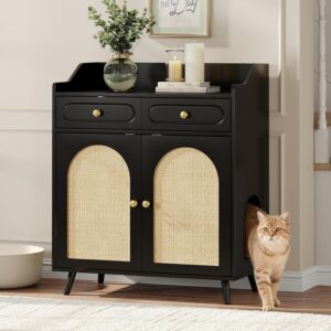 Alternative view of Halitaa Cat Litter Box Enclosure Furniture, Wooden Hidden Litter Box Furniture with Double Rattan Scratching Board Doors, 2 Drawers, Litter Box Cabinet, Cat Cabinet, Black